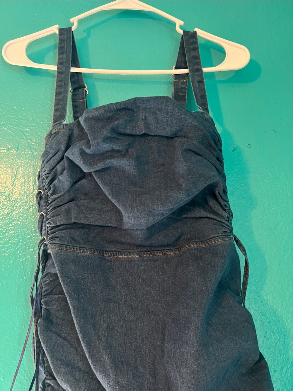 Women’s Large Dark Blue Denim Ruched Dress with Adjustable Straps - Picture 3 of 12